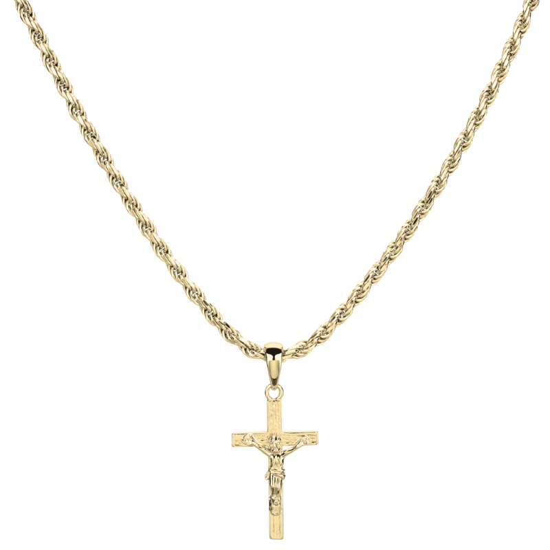 925 Silber 18 Karat Gelbgold vergoldete 2,3mm Kordel Halskette mit Kreuzanhänger Jesus klein für Herren und Damen von Deinschmuck by TL