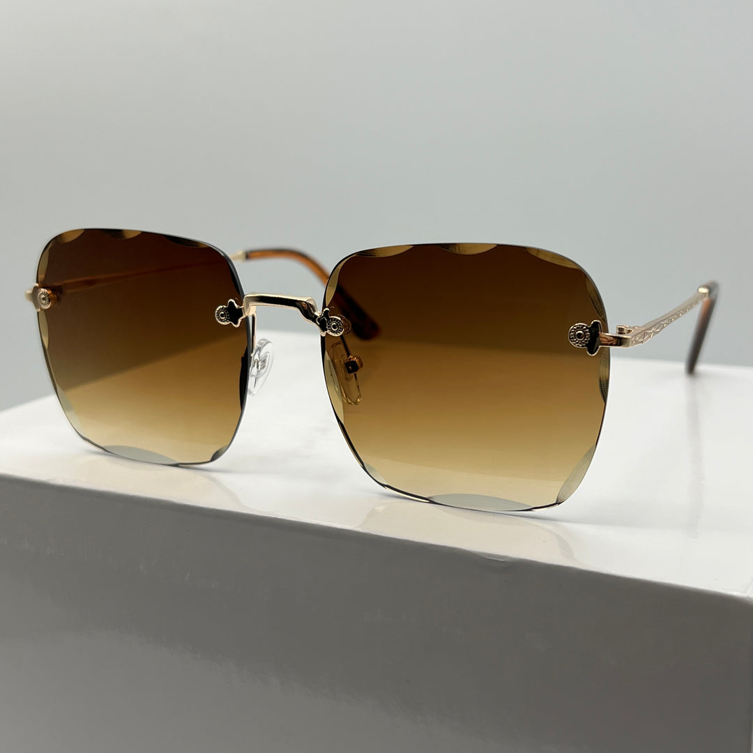 Randlose Retro Oversize Designer Sonnenbrille für Damen in Gold & Braun mit abgekanteten Gläsern von Deinschmuck by TL