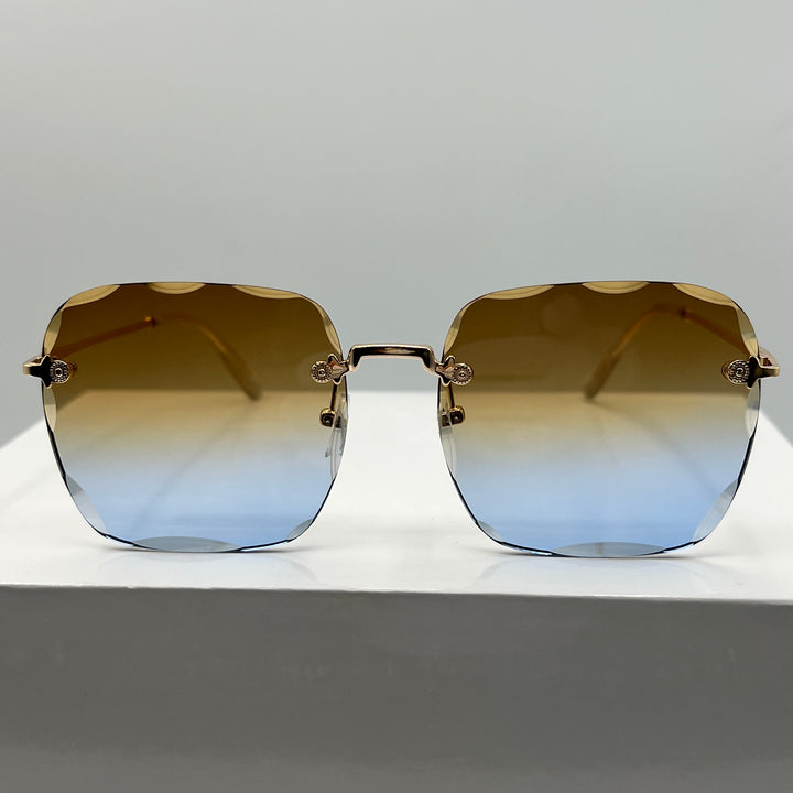 Randlose Retro Oversize Designer Sonnenbrille für Damen in Gold & Mehrfarbig mit abgekanteten Gläsern von Deinschmuck by TL