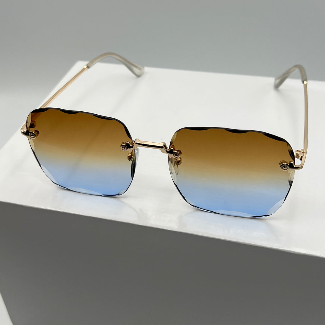 Randlose Retro Oversize Designer Sonnenbrille für Damen in Gold & Mehrfarbig mit abgekanteten Gläsern von Deinschmuck by TL