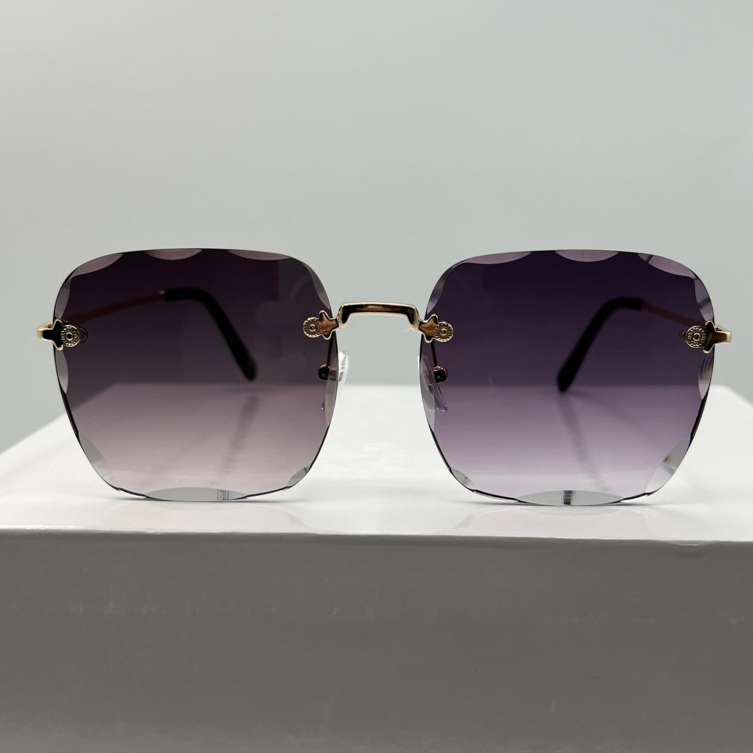 Randlose Retro Oversize Designer Sonnenbrille für Damen in Gold & Lila mit abgekanteten Gläsern von Deinschmuck by TL